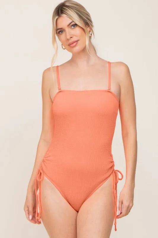 Coral Ribbed Cinched Side Tie One Piece Swimsuit sold by Pinkblush
