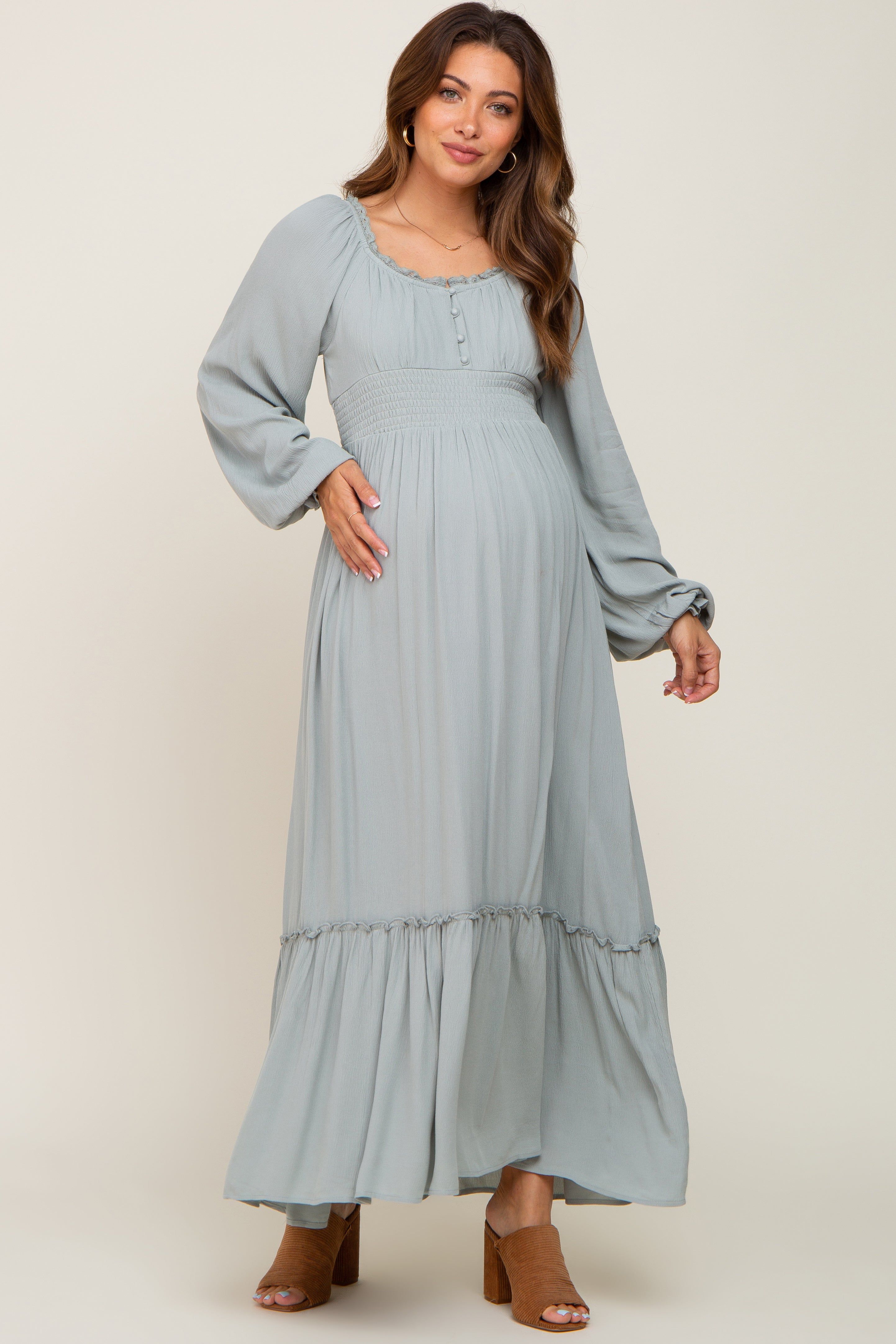 Light Blue Lace Trim Smocked Waist Maternity Maxi Dress sold by Pinkblush product image thumbnail 4