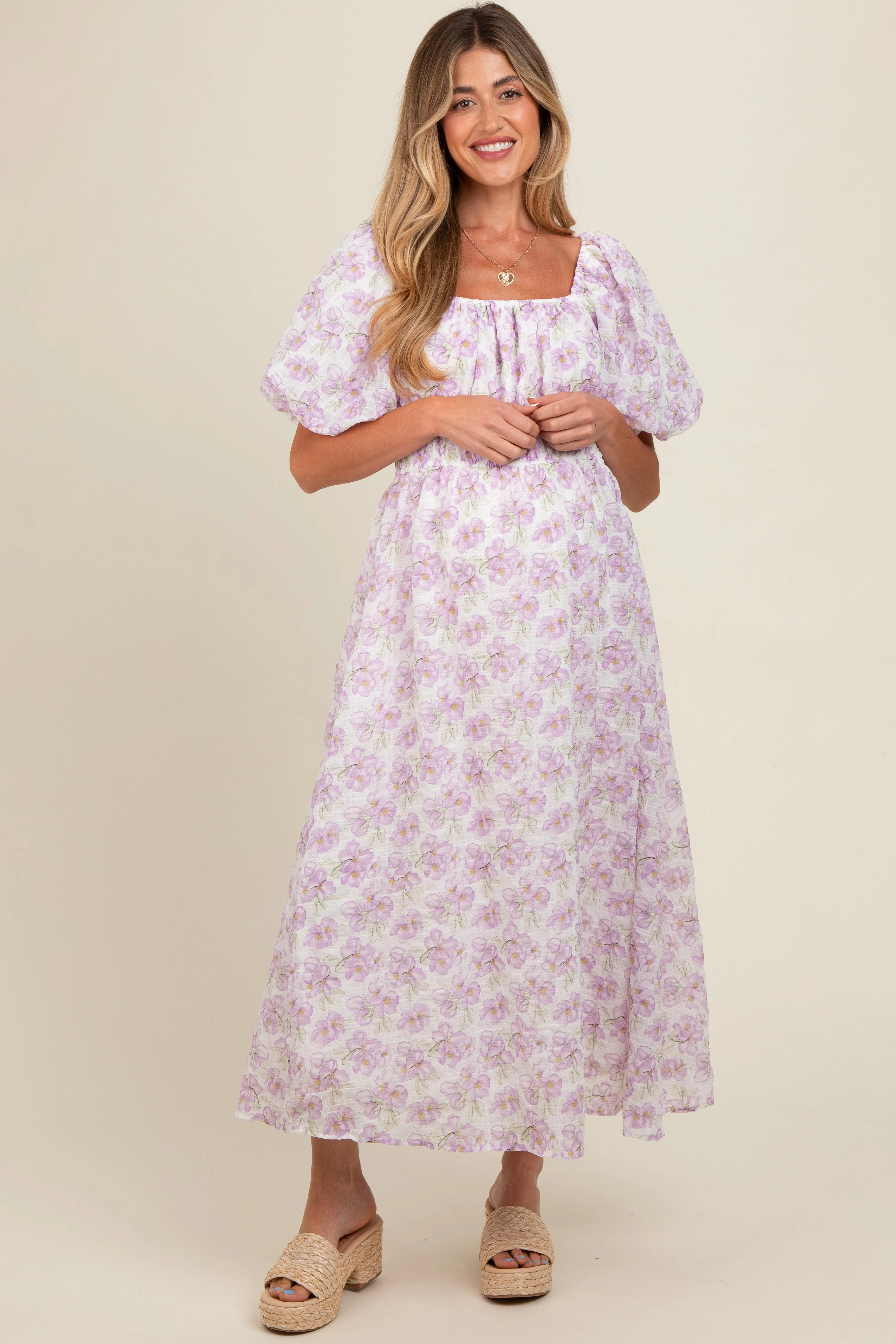 Lavender Floral Puff Sleeve Maternity Midi Dress sold by Pinkblush