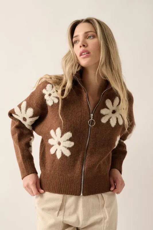 Brown Floral Collar Zip Up Front Sweater Jacket sold by Pinkblush