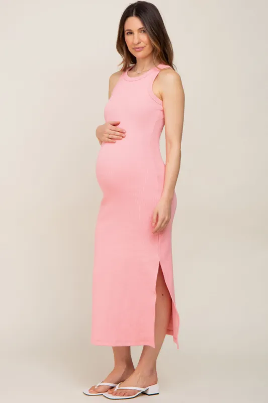 Pink Ribbed Fitted Maternity Midi Dress sold by Pinkblush