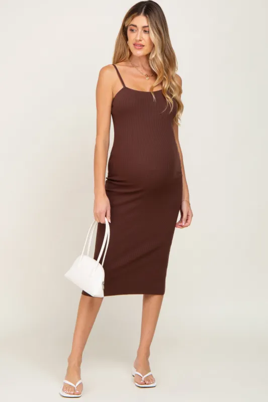 Brown Ribbed Sleeveless Fitted Maternity Dress sold by Pinkblush
