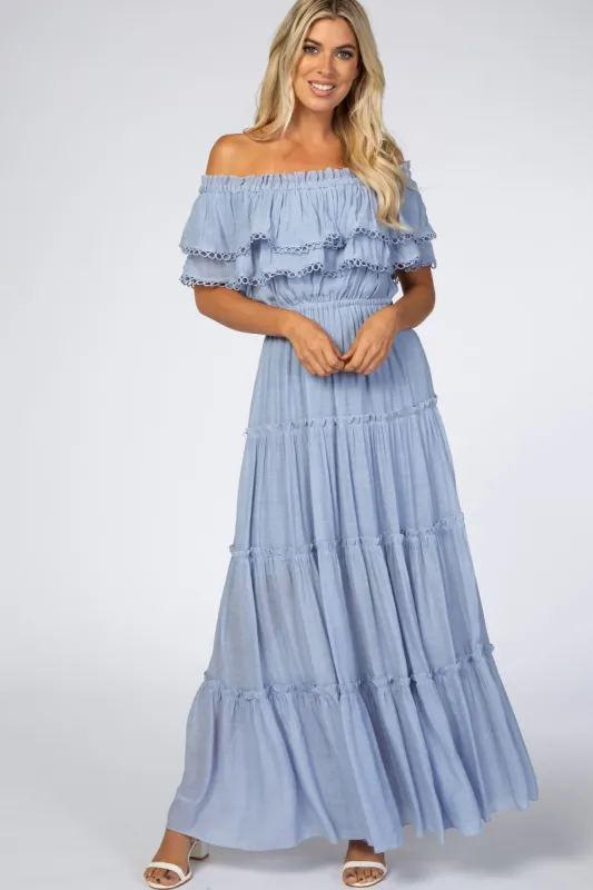Light Blue Off Shoulder Eyelet Tiered Maxi Dress sold by Pinkblush