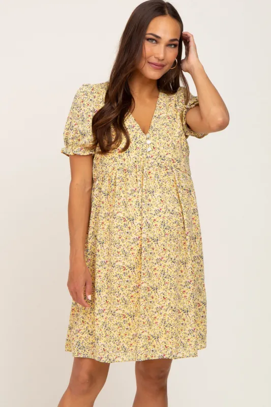 Yellow Floral V-Neck Button Maternity Dress sold by Pinkblush