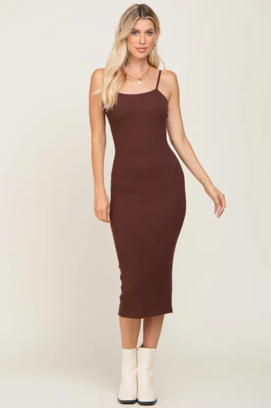 Brown Ribbed Sleeveless Fitted Dress sold by Pinkblush
