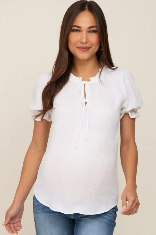 Ivory Ruffle Accent Tie Front Maternity Blouse sold by Pinkblush