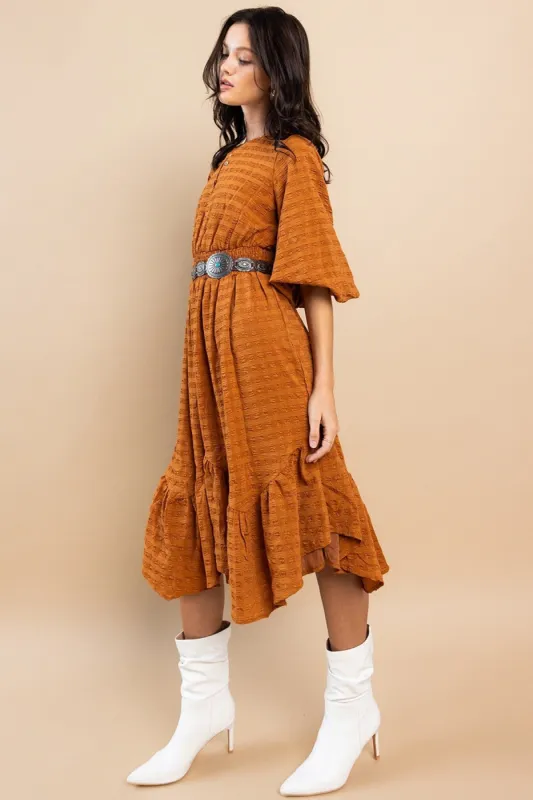 Camel Textured Fabric Tiered Midi Dress sold by Pinkblush