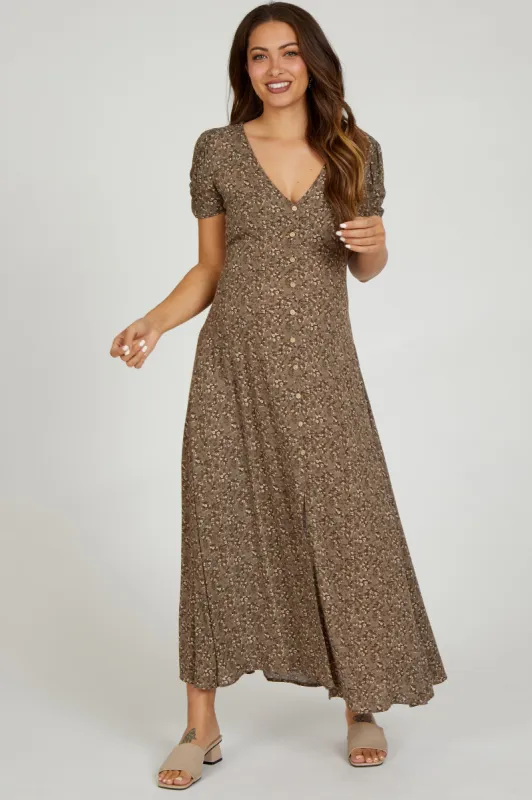 Mocha Floral Button Accent Maternity Maxi Dress sold by Pinkblush