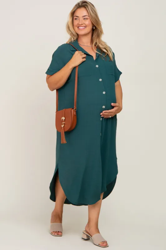 Forest Green Button Down Hi Low Maternity Plus Maxi Dress sold by Pinkblush