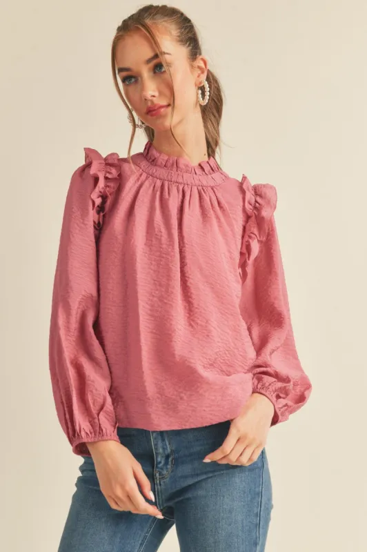 Raspberry Cream Ruffled Balloon Sleeve Top sold by Pinkblush