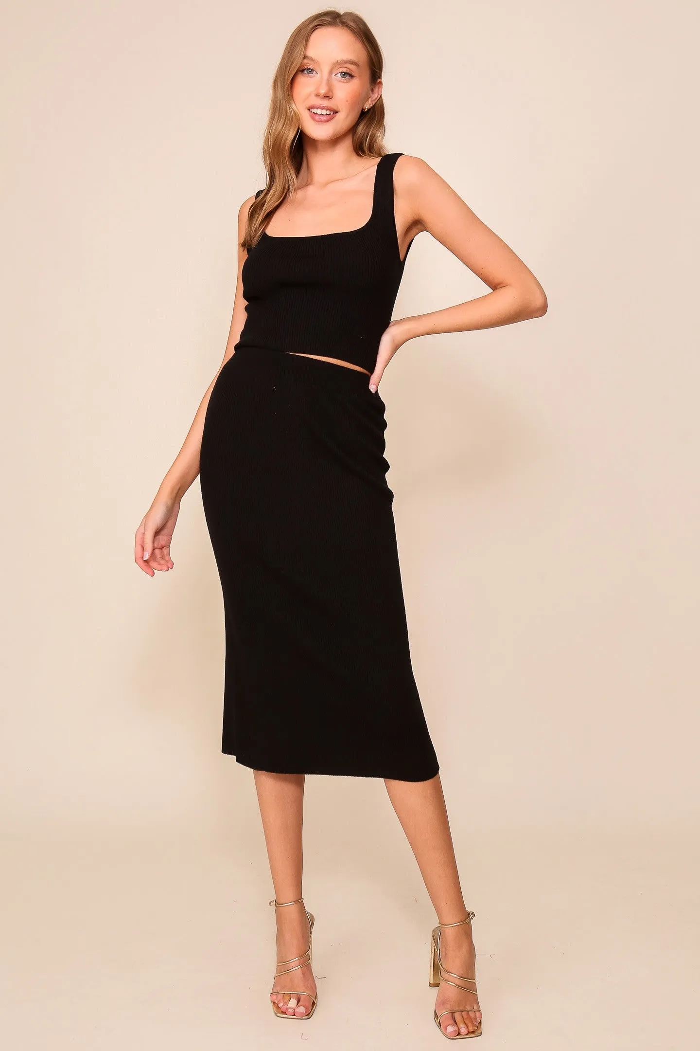 Black Ribbed Square Neck Sleeveless Crop Skirt Set sold by Pinkblush product image thumbnail 4