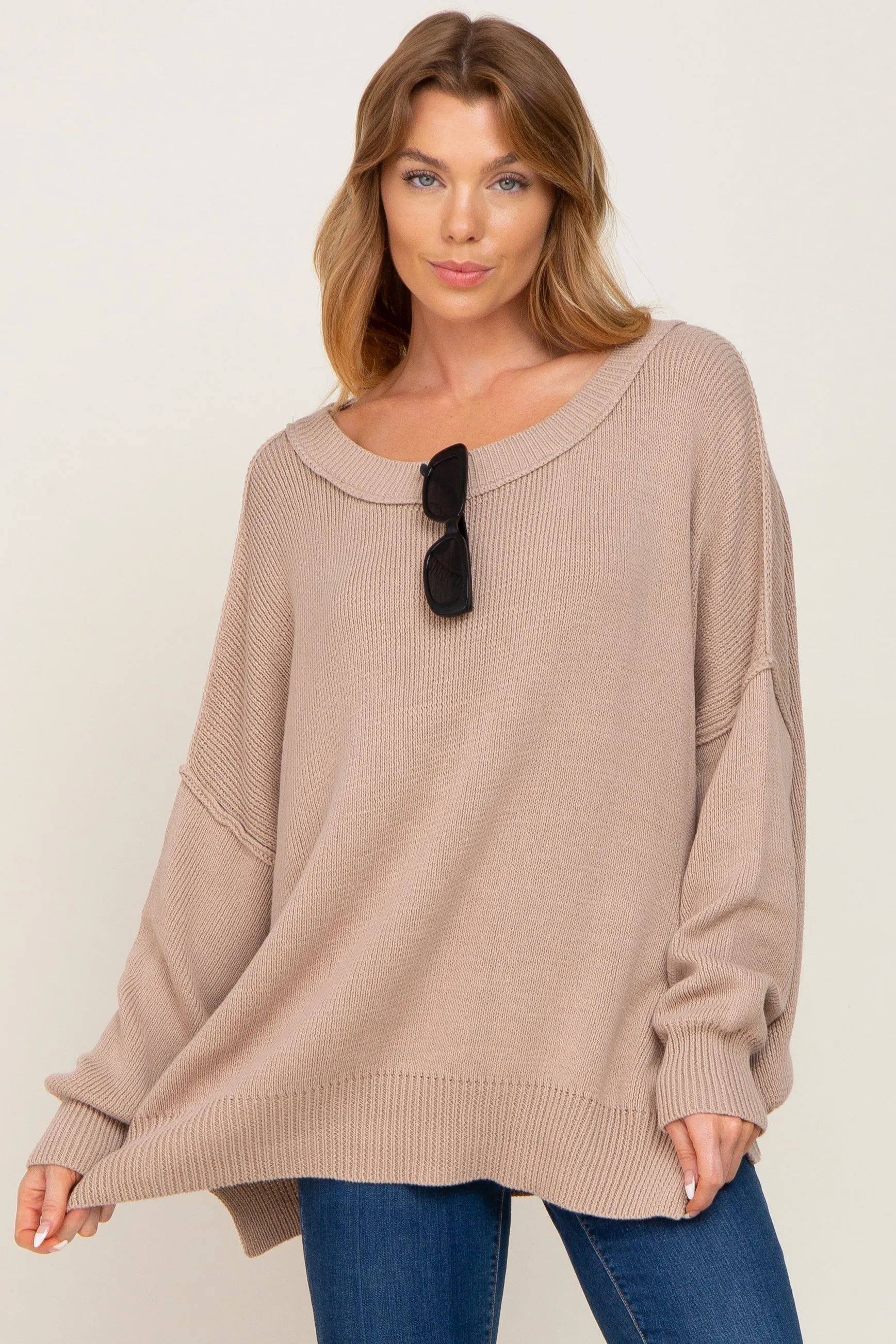 Taupe Exposed Seam Side Slit Sweater sold by Pinkblush