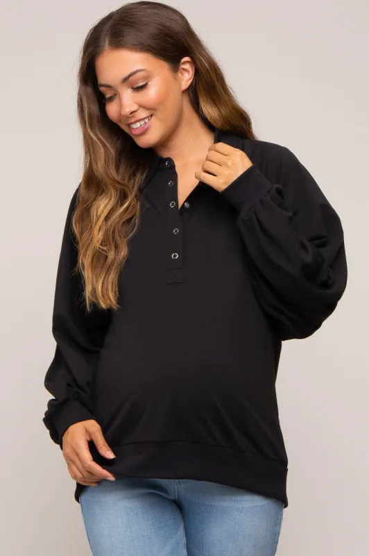 Black Oversized Snap Button Collared Maternity Top sold by Pinkblush