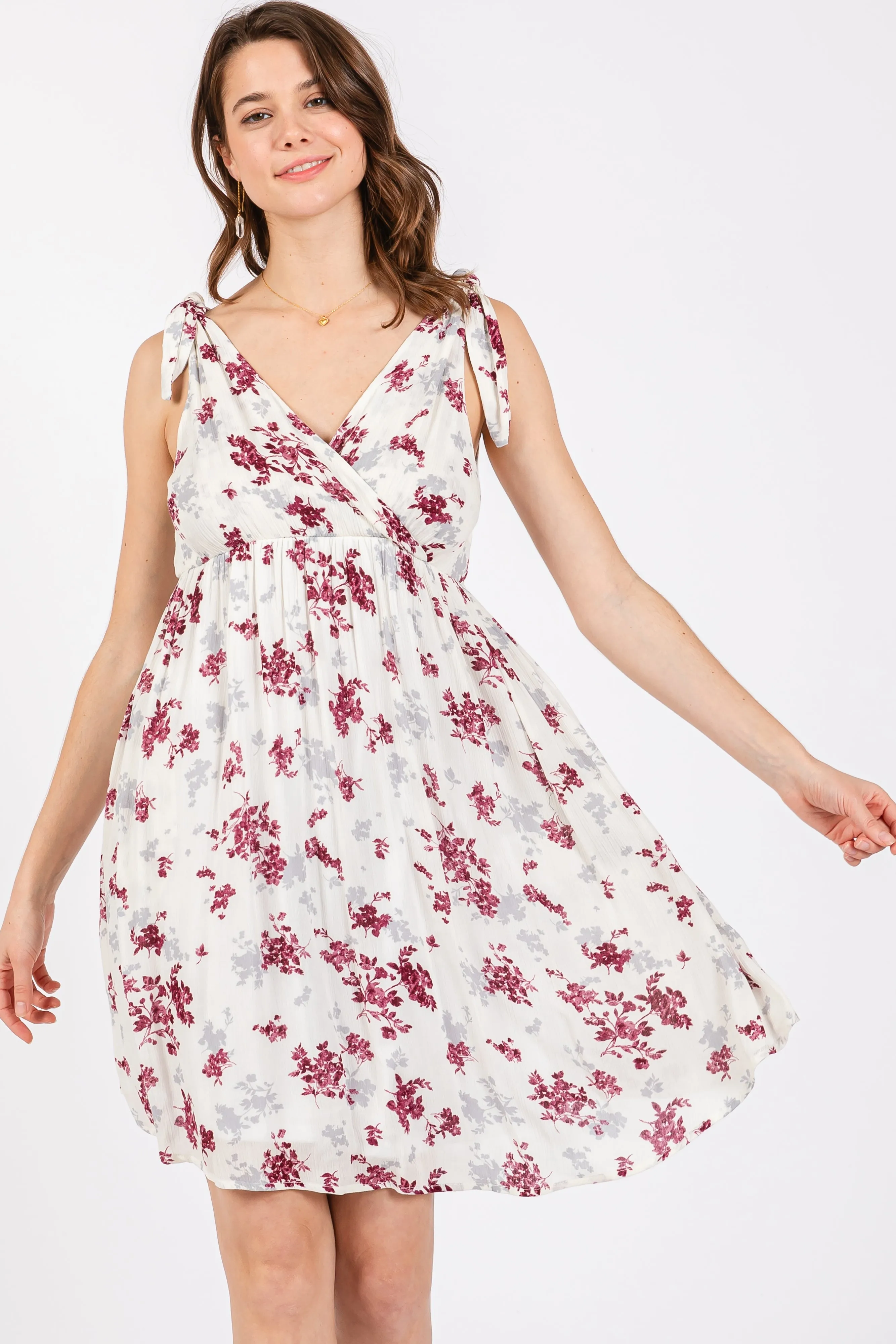 Ivory Mauve Floral Knotted Wrap V-Neck Dress sold by Pinkblush product image thumbnail 2