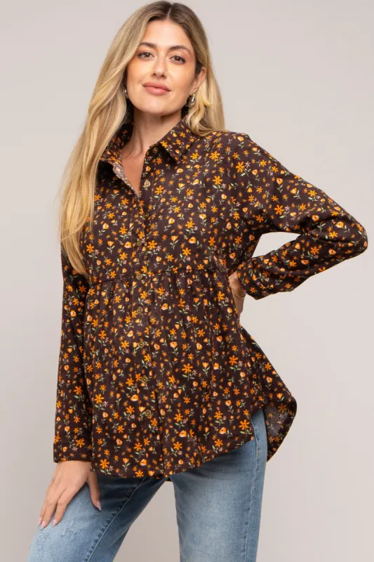 Brown Floral Corduroy Maternity Button Up Top sold by Pinkblush