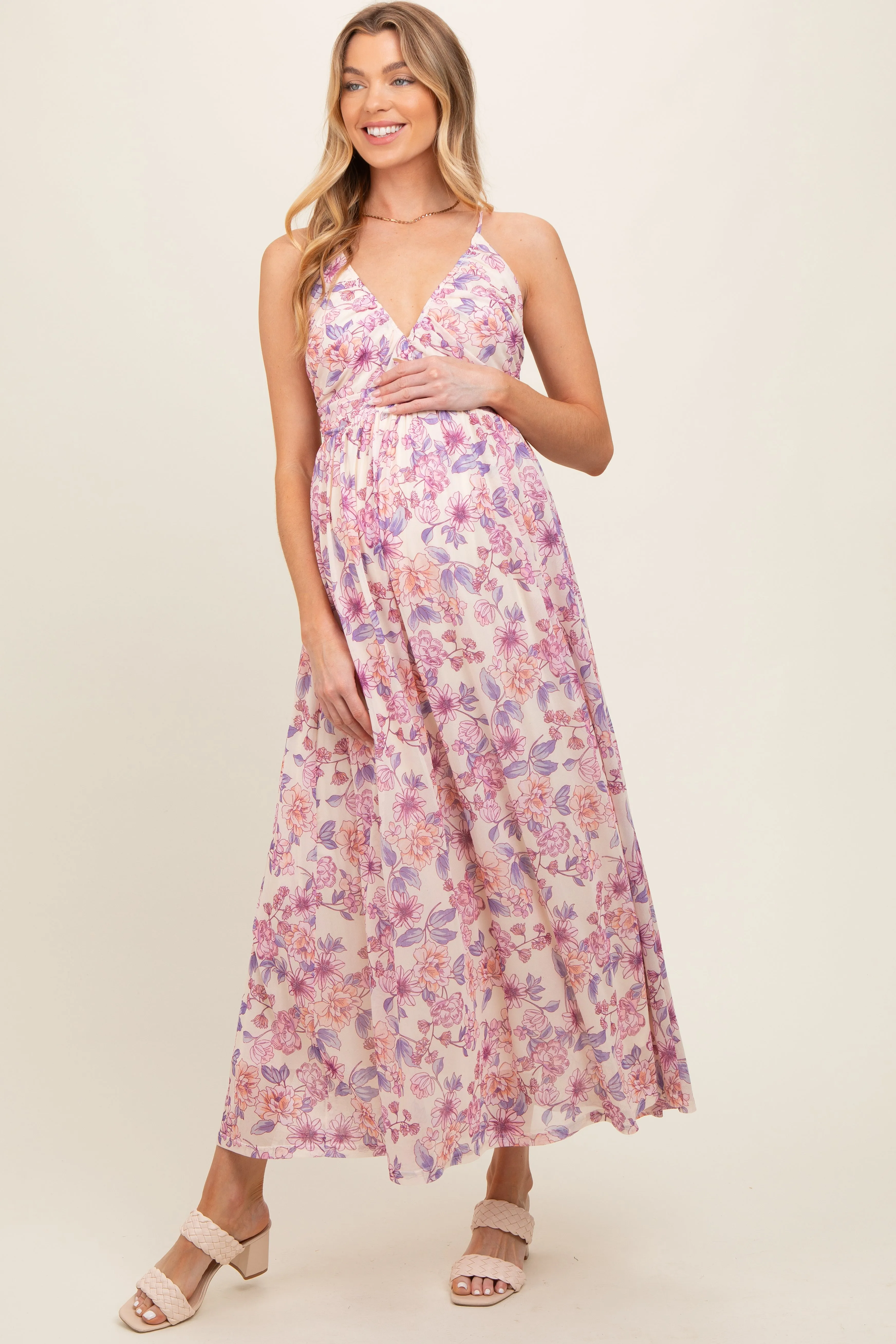 Pink Floral Mesh Sleeveless Maternity Maxi Dress sold by Pinkblush