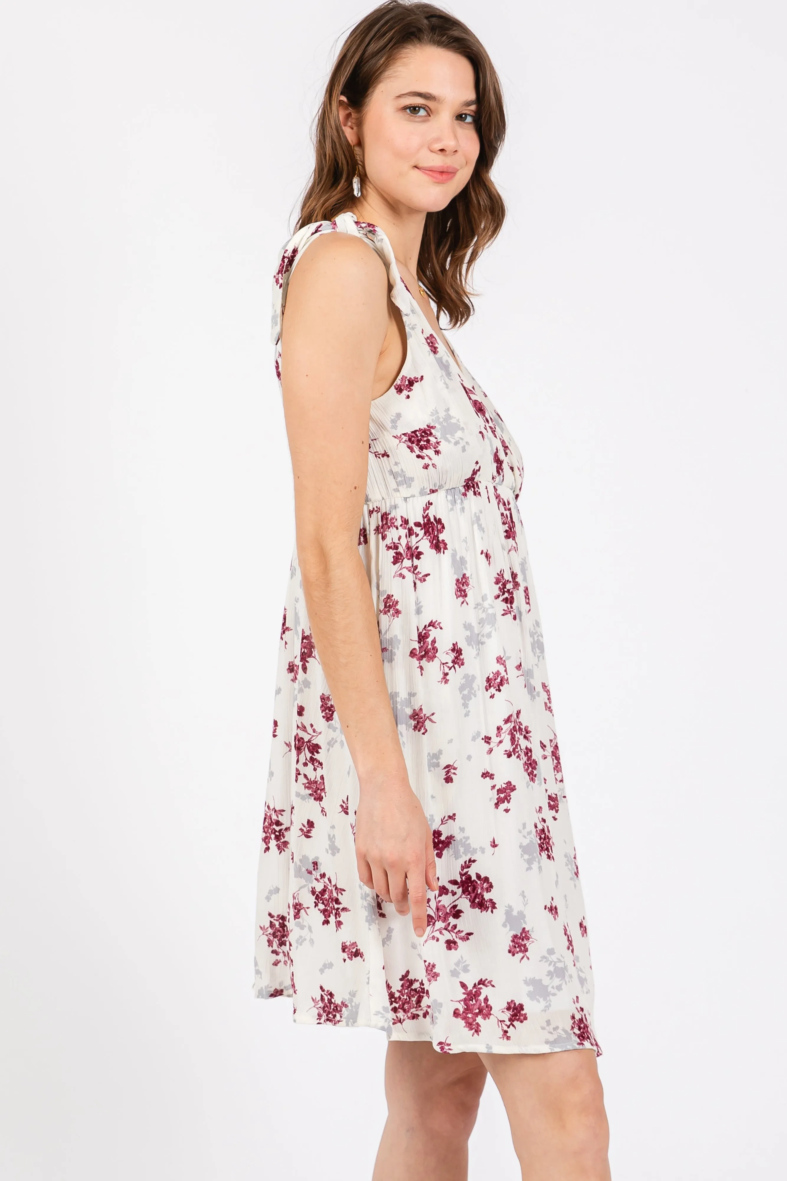 Ivory Mauve Floral Knotted Wrap V-Neck Dress sold by Pinkblush product image thumbnail 3
