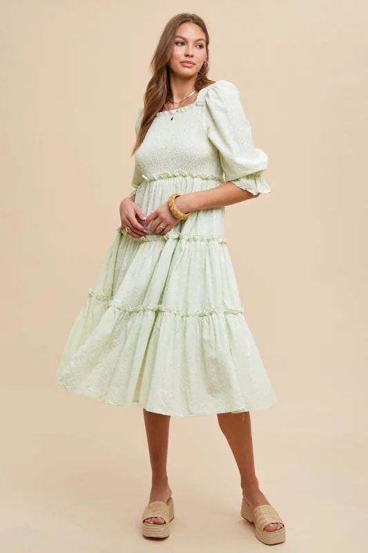 Mint Textured Smocking Bodice Tired Midi Dress sold by Pinkblush