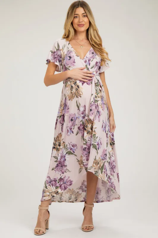 Purple Floral Print Wrap Front V-Neck Hi-Low Maternity Midi Dress sold by Pinkblush