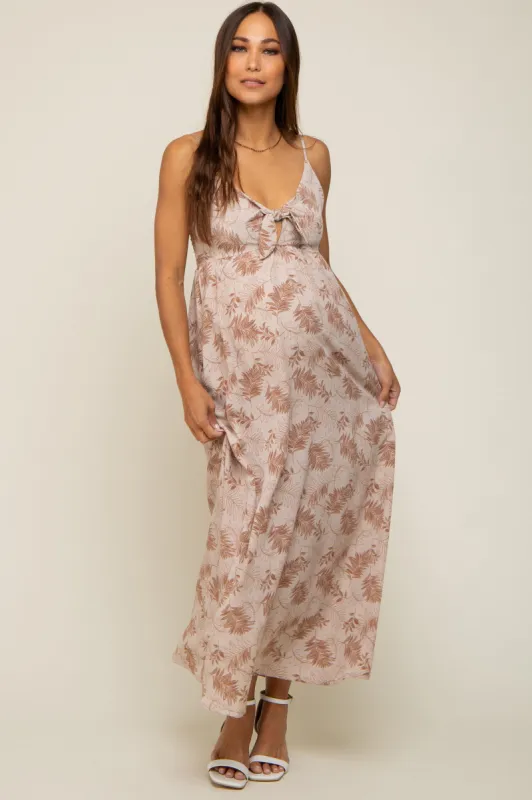 Mocha Leaf Print Front Tie Maternity Maxi Dress sold by Pinkblush