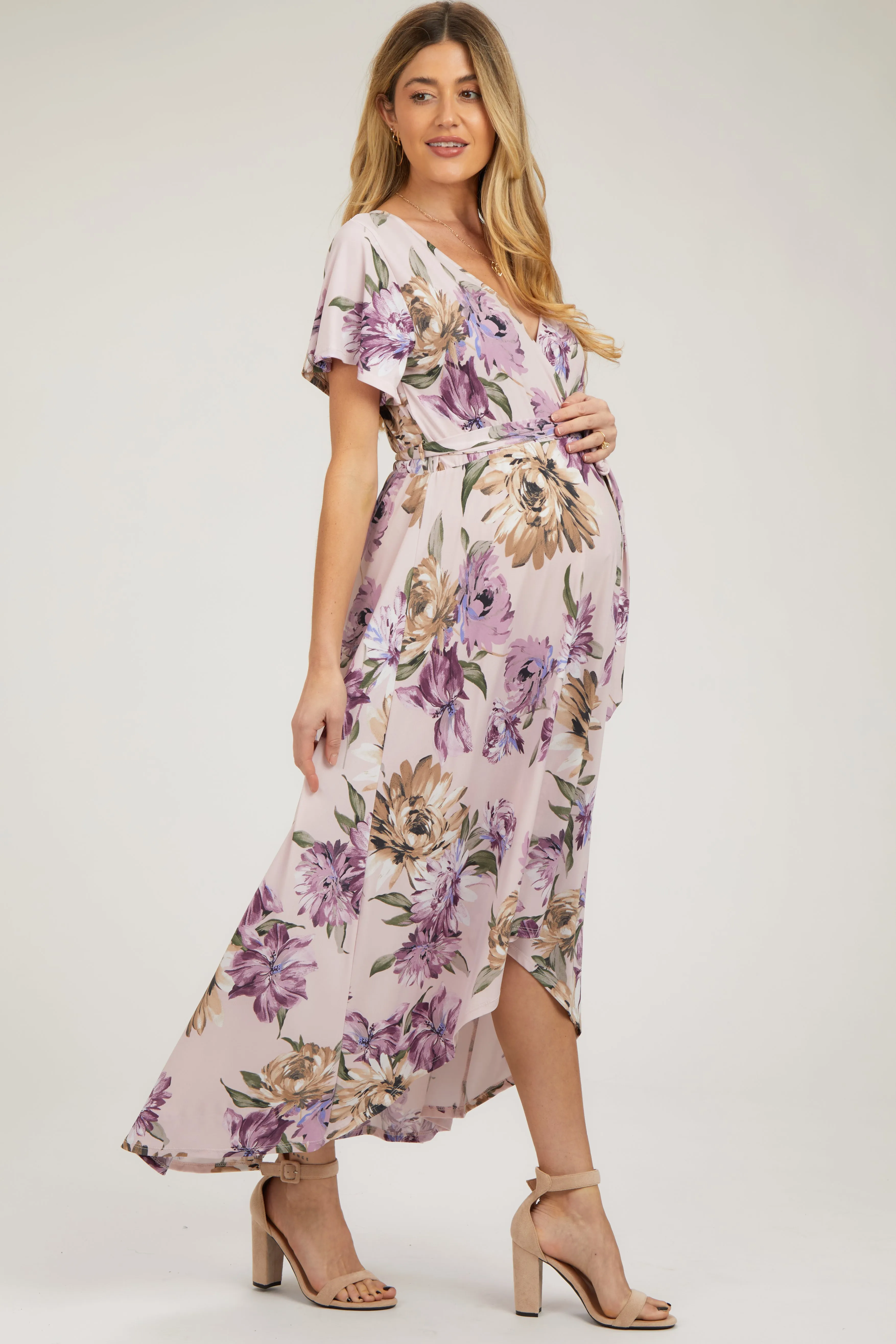 Purple Floral Print Wrap Front V-Neck Hi-Low Maternity Midi Dress sold by Pinkblush product image thumbnail 2
