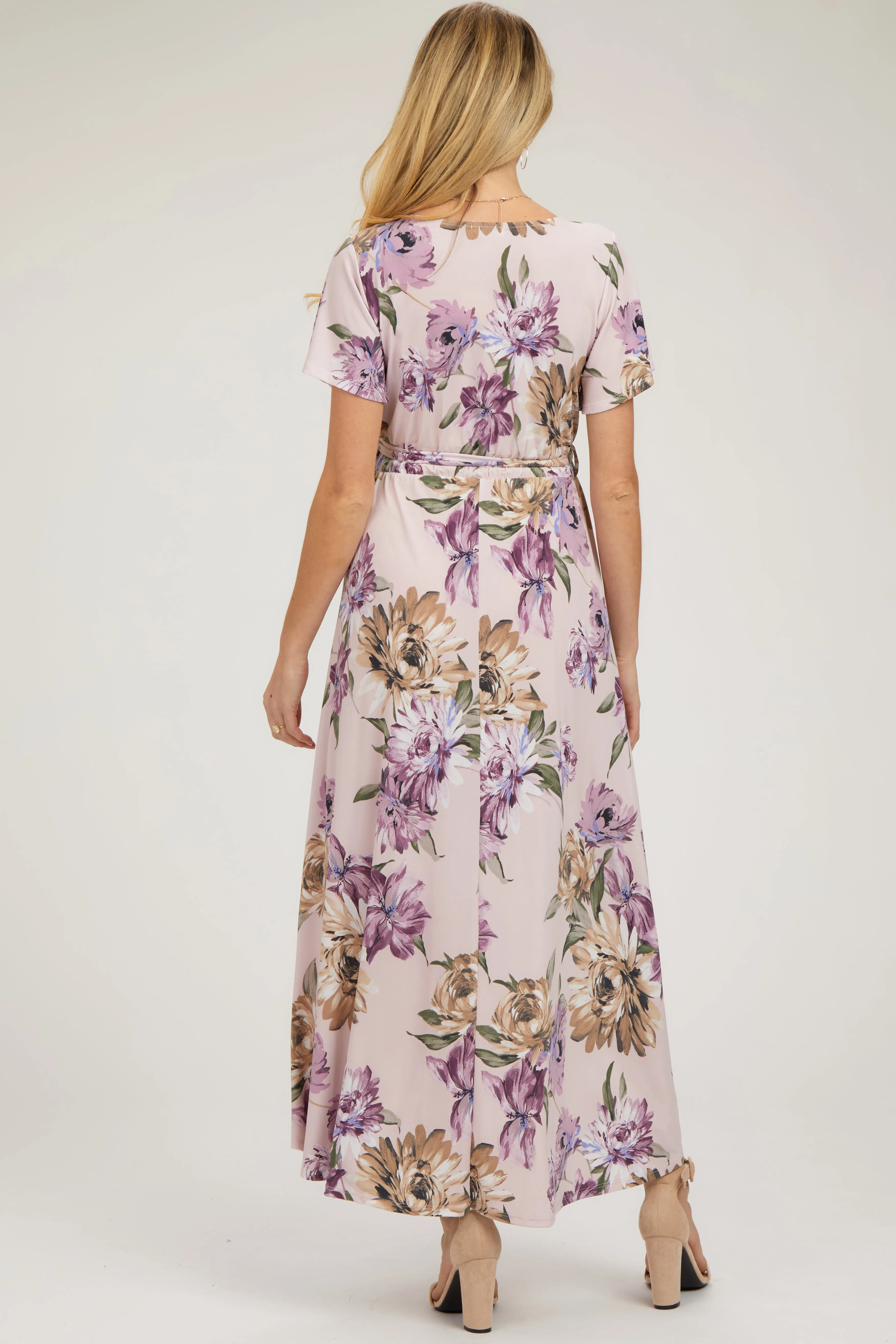 Purple Floral Print Wrap Front V-Neck Hi-Low Maternity Midi Dress sold by Pinkblush product image thumbnail 3