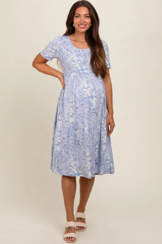 Lavender Floral Tiered Maternity Midi Dress sold by Pinkblush