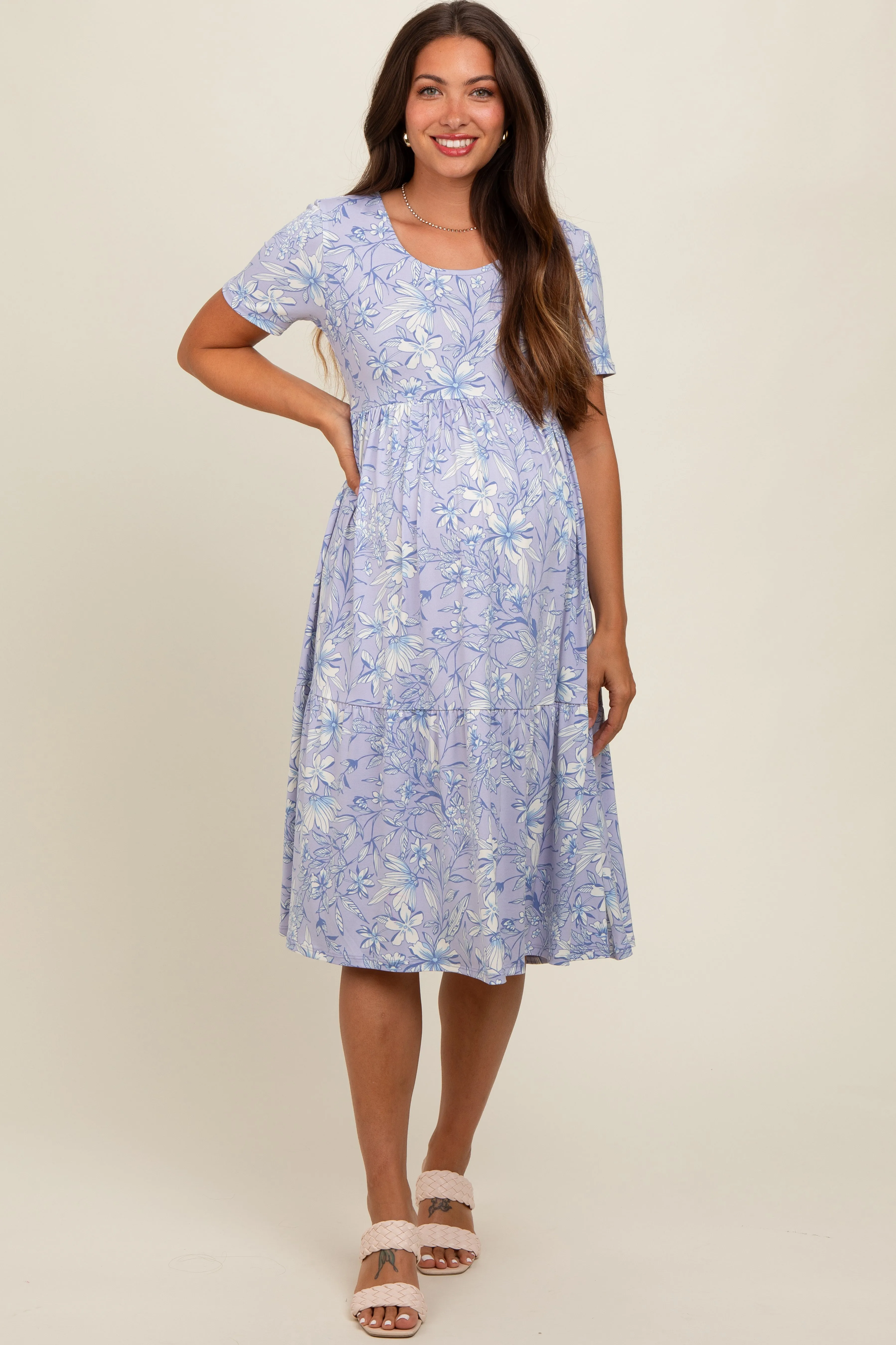 Lavender Floral Tiered Maternity Midi Dress sold by Pinkblush