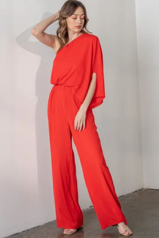 Red Statement One Shoulder Jumpsuit sold by Pinkblush