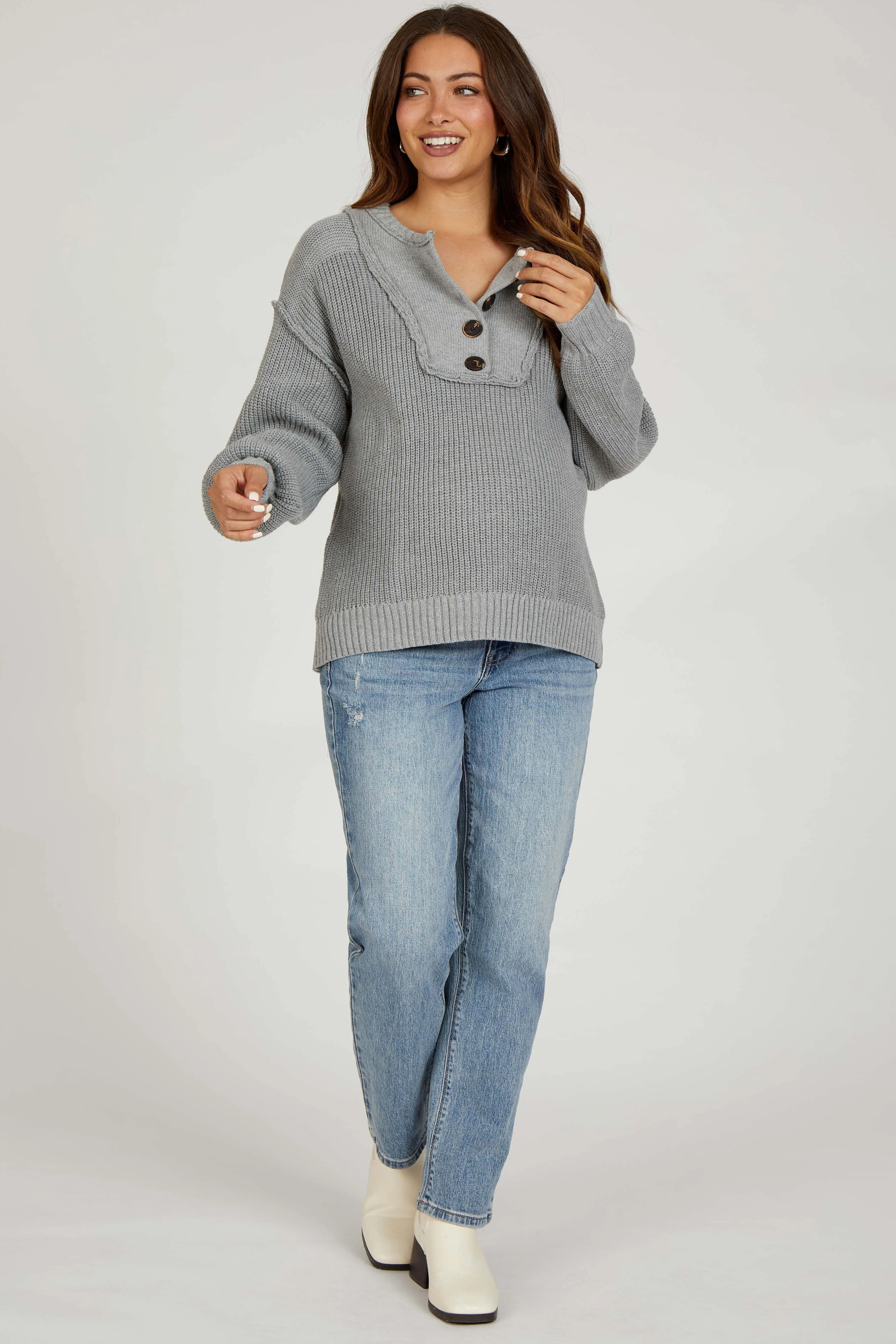 Grey Front Button Knit Maternity Sweater sold by Pinkblush product image thumbnail 4