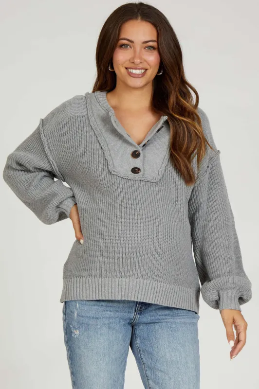 Grey Front Button Knit Maternity Sweater sold by Pinkblush