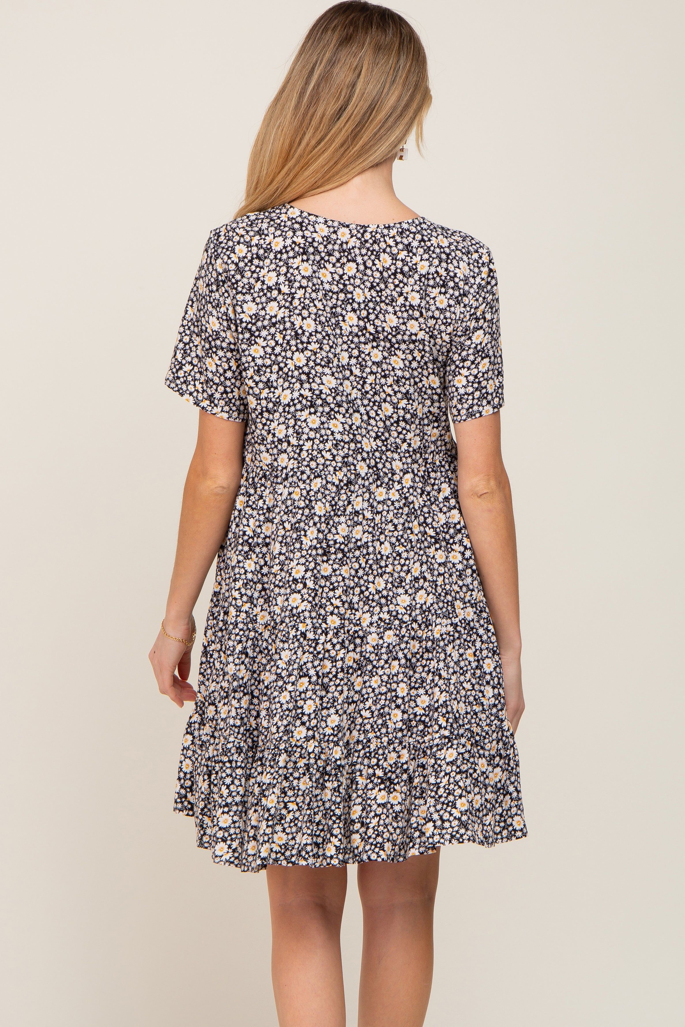 Black Floral Button Front Tiered Short Sleeve Maternity Dress sold by Pinkblush product image thumbnail 3