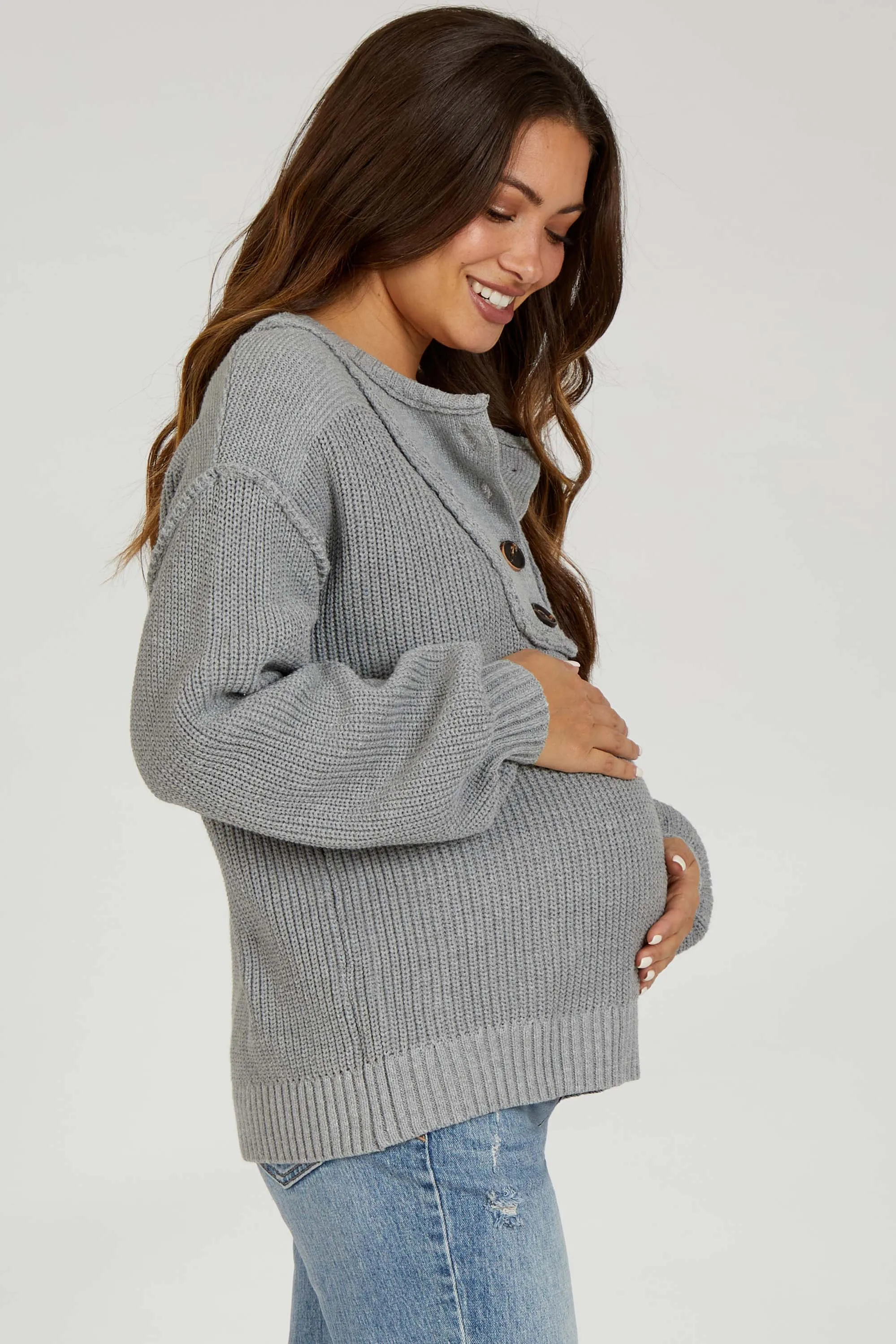Grey Front Button Knit Maternity Sweater sold by Pinkblush product image thumbnail 2