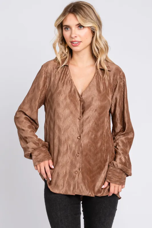 Mocha Wavy Pleated Button Up Blouse sold by Pinkblush