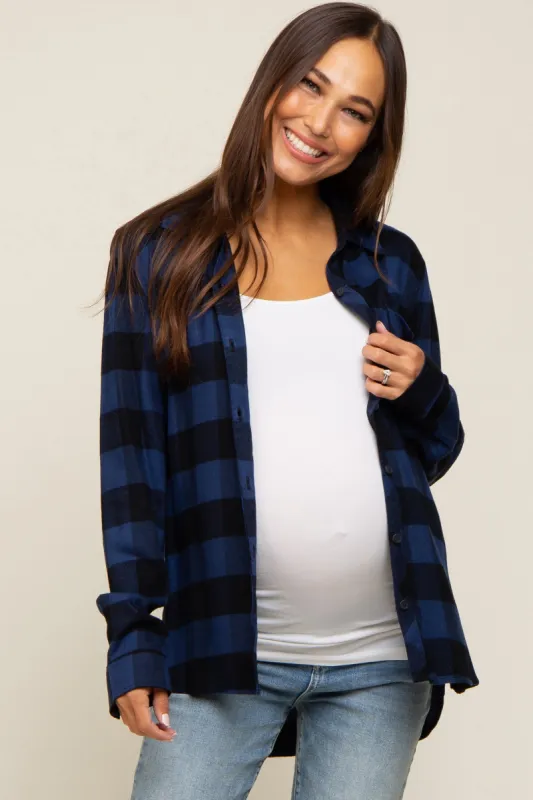 Royal Blue Checkered Maternity Long Sleeve Button Down Top sold by Pinkblush