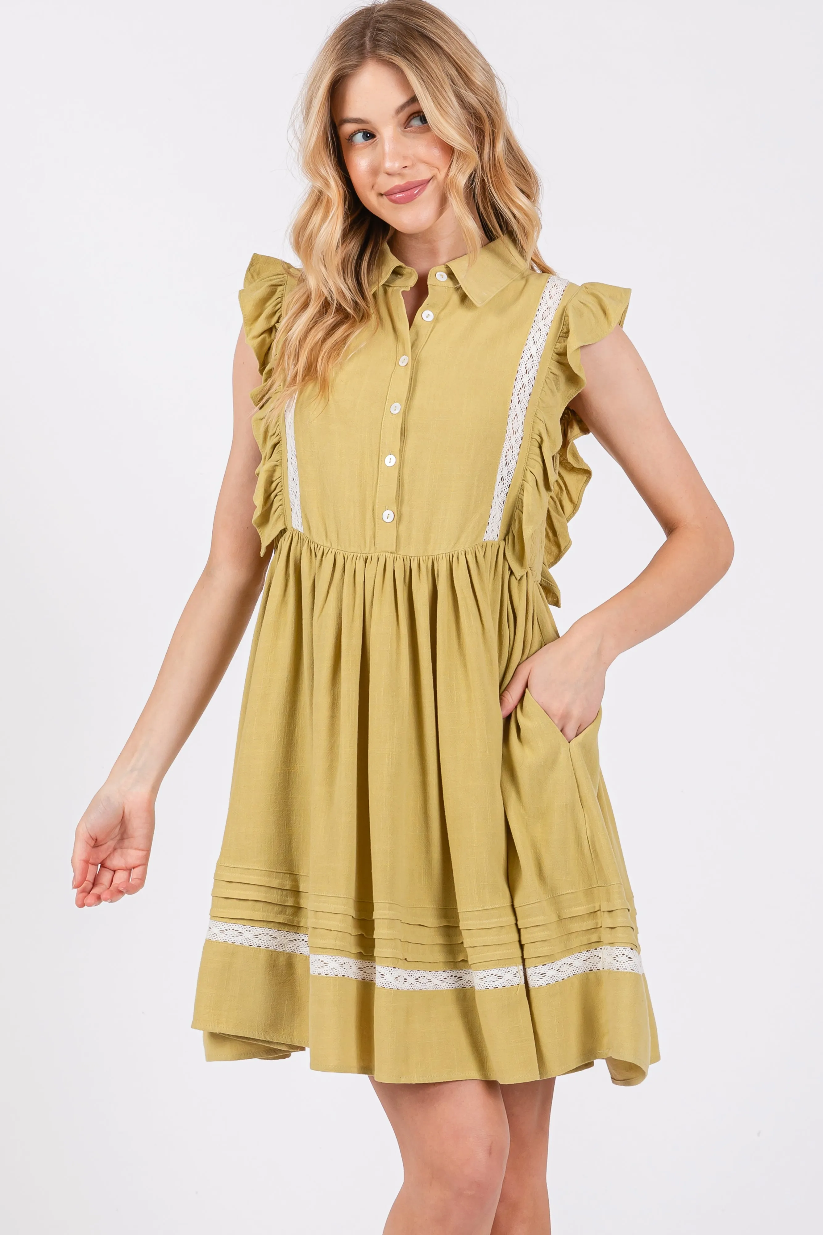 Lime Button Front Flutter Sleeve Mini Dress sold by Pinkblush