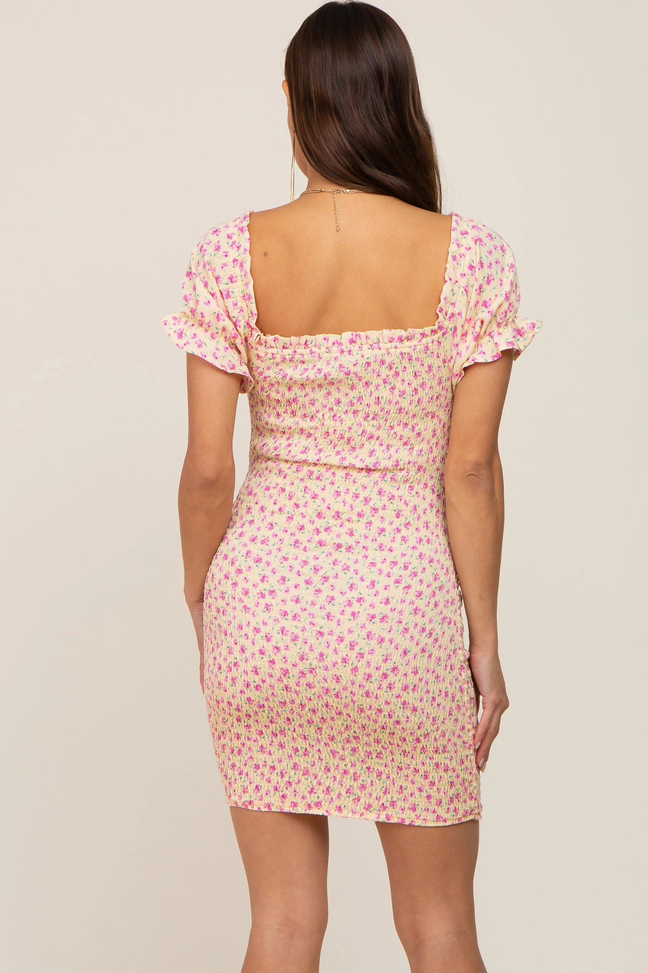 Yellow Floral Smocked Tied Front Ruffle Short Sleeve Maternity Dress sold by Pinkblush product image thumbnail 3