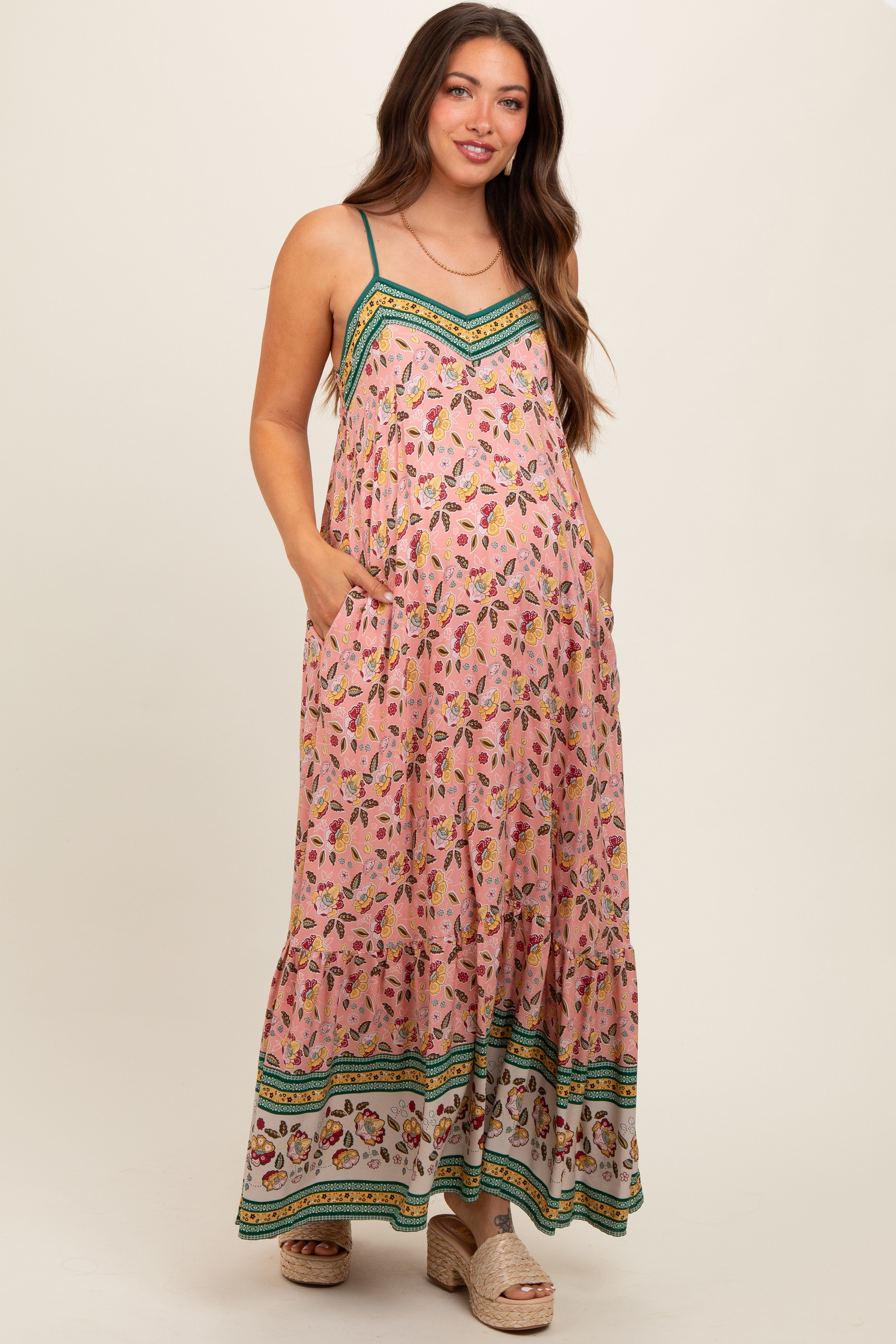 Pink Floral Border Print Lace Up Back Maternity Maxi Dress sold by Pinkblush