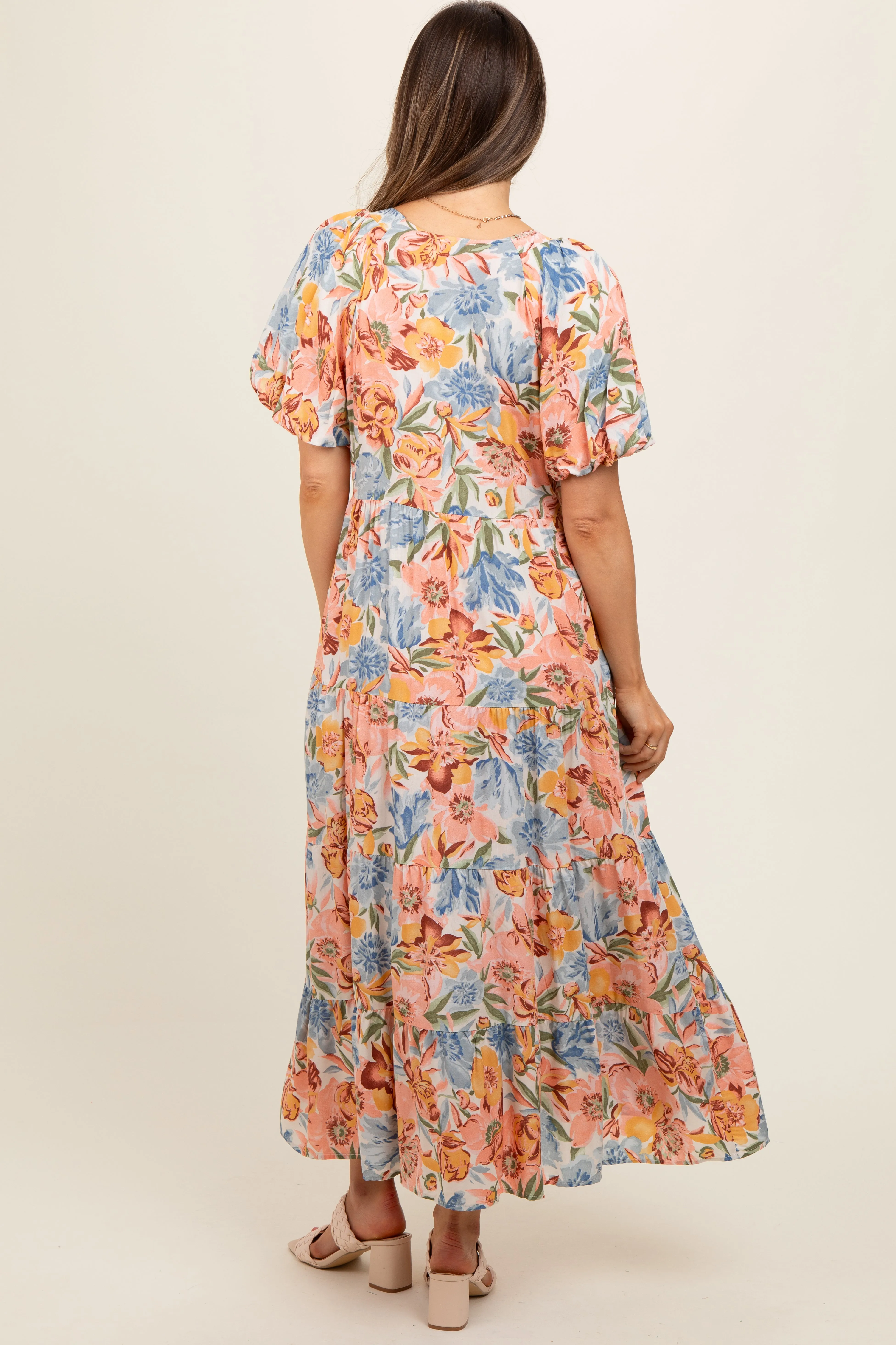 Peach Floral Print Pocketed Maternity Midi Dress sold by Pinkblush product image thumbnail 4