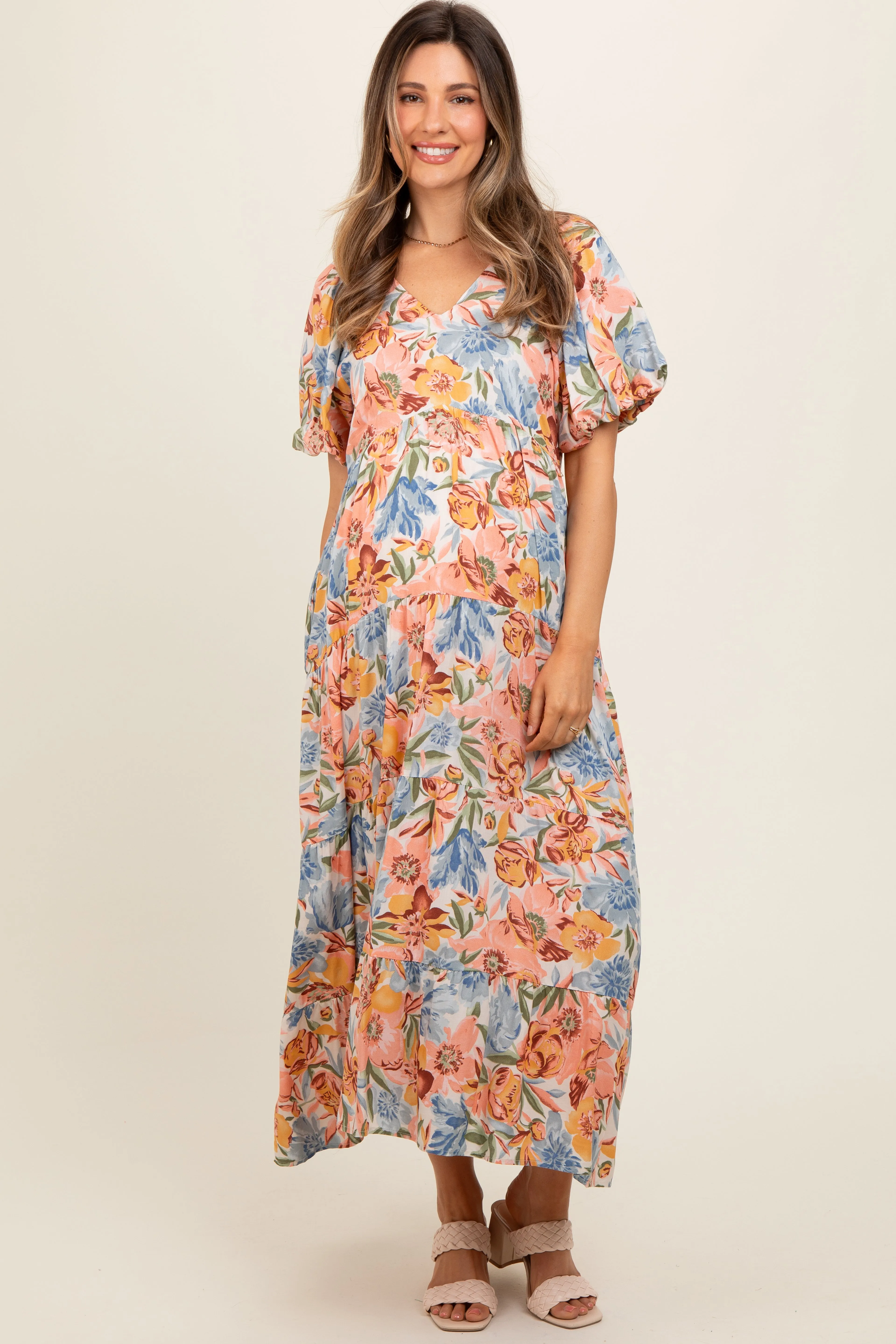 Peach Floral Print Pocketed Maternity Midi Dress sold by Pinkblush