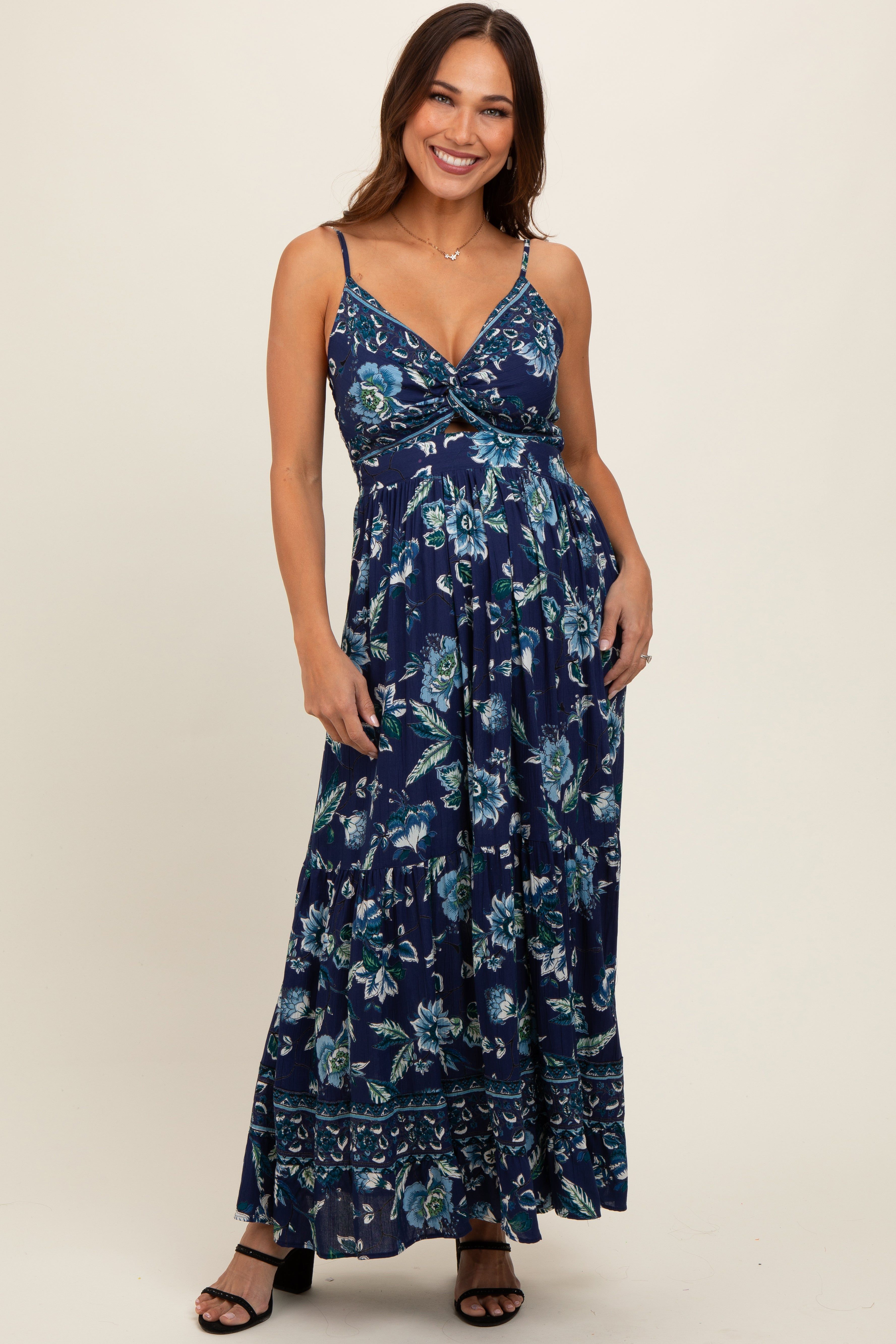 Navy Blue Floral Front Knot Twist Maternity Maxi Dress sold by Pinkblush product image thumbnail 2