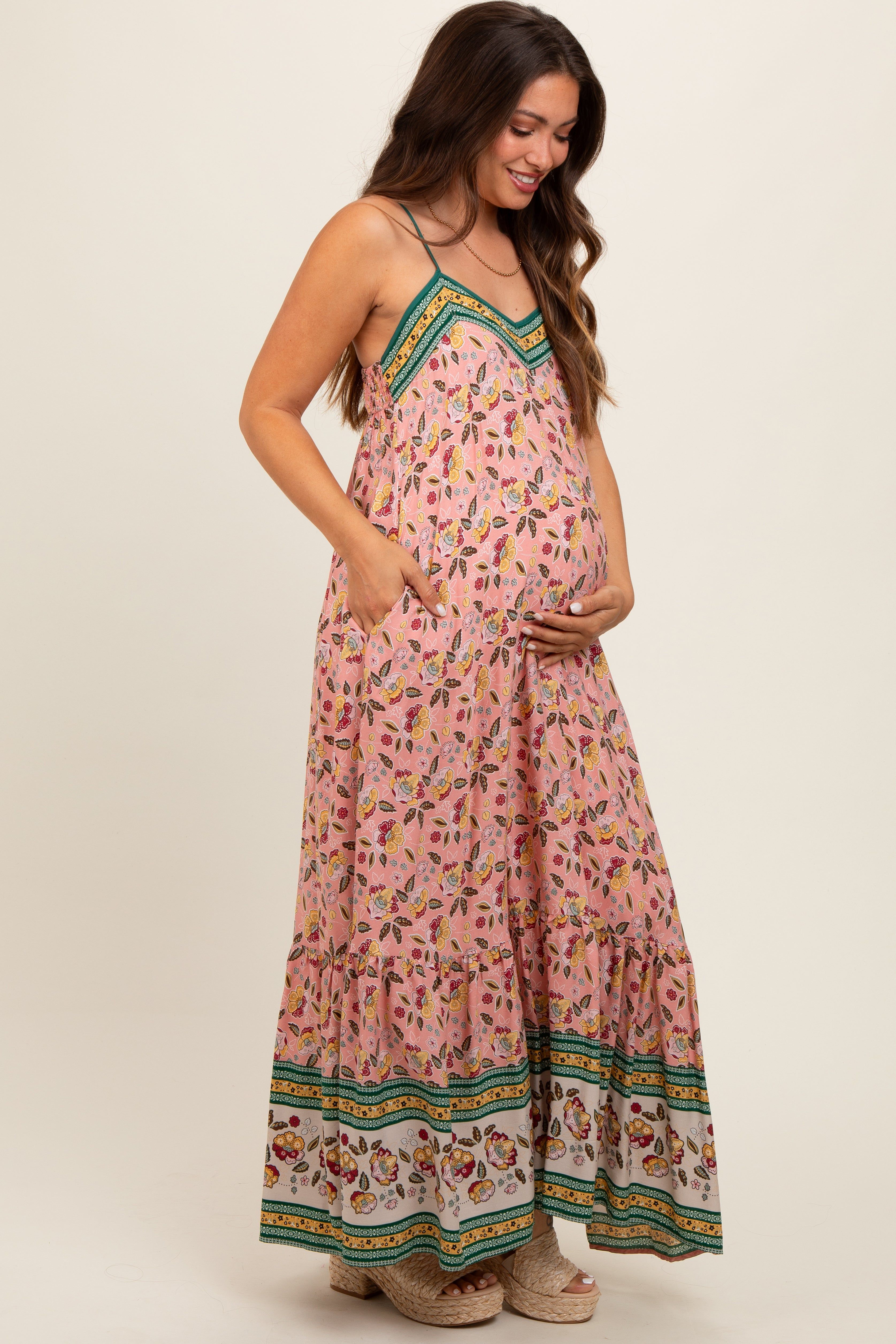 Pink Floral Border Print Lace Up Back Maternity Maxi Dress sold by Pinkblush product image thumbnail 2