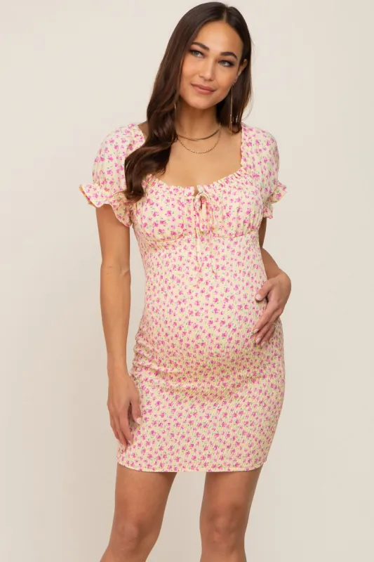 Yellow Floral Smocked Tied Front Ruffle Short Sleeve Maternity Dress sold by Pinkblush