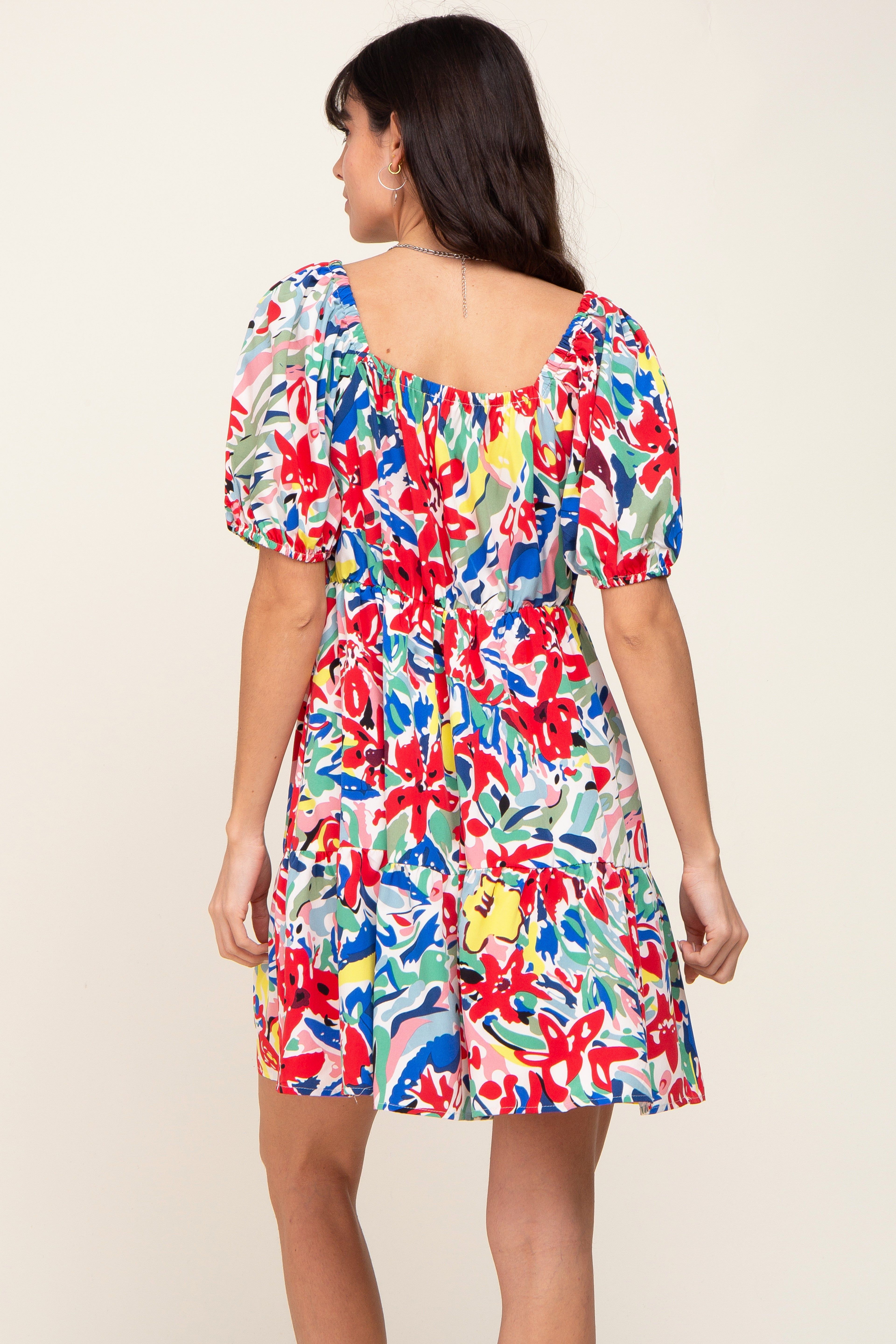 Red Floral Sweetheart Neck Short Puff Sleeve Dress sold by Pinkblush product image thumbnail 3