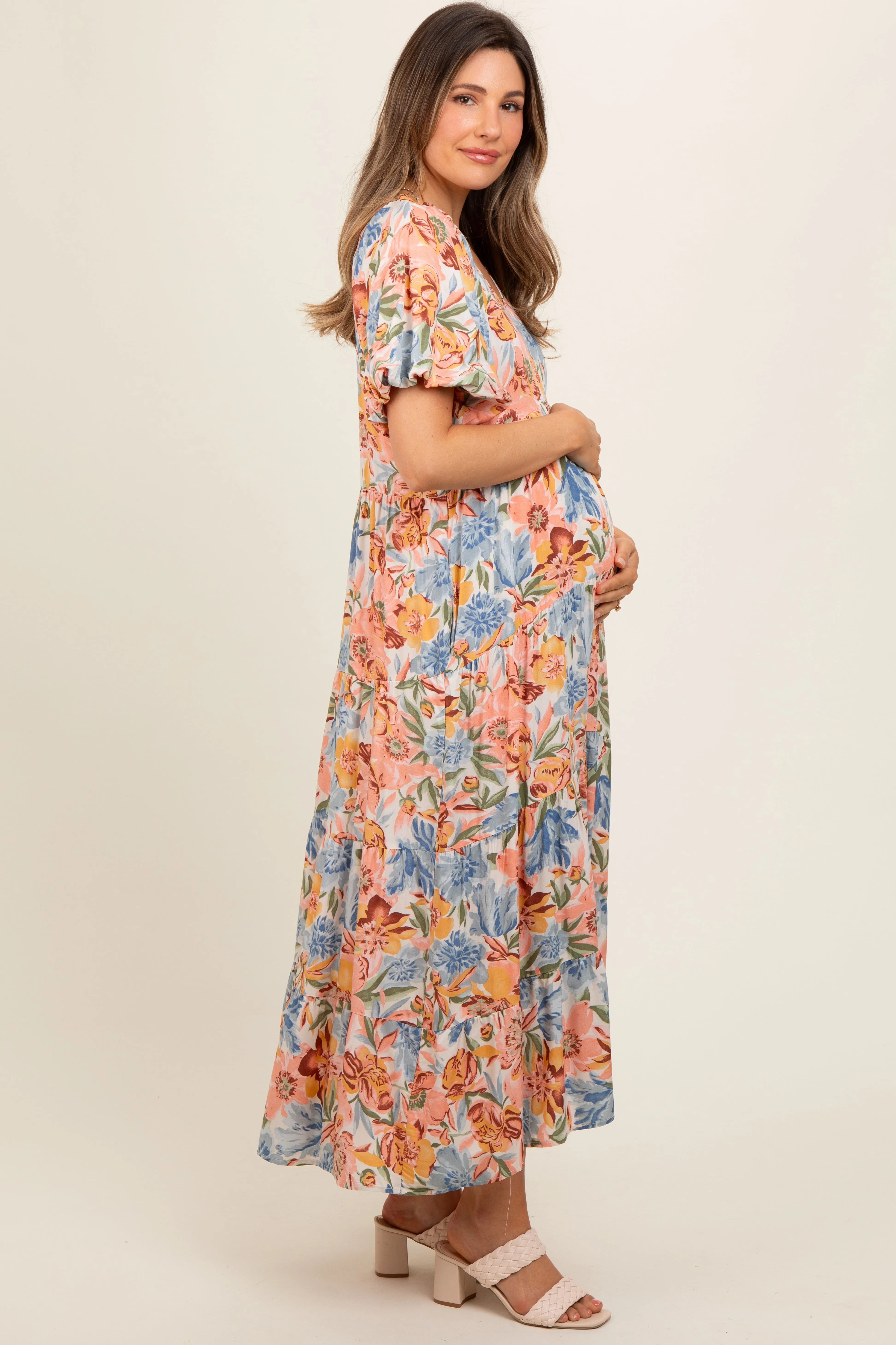 Peach Floral Print Pocketed Maternity Midi Dress sold by Pinkblush product image thumbnail 3