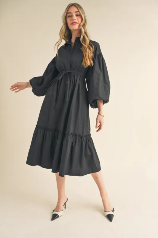 Black Button Down Bubble Sleeve Midi Dress sold by Pinkblush
