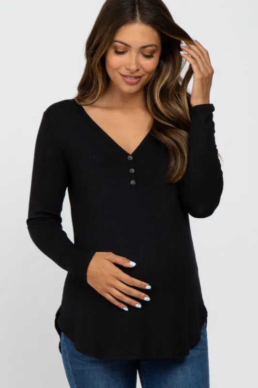Black Button Accent Long Sleeve Maternity Top sold by Pinkblush