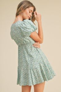 Teal Blue Floral Puff Sleeve Flared Mini Dress sold by Pinkblush