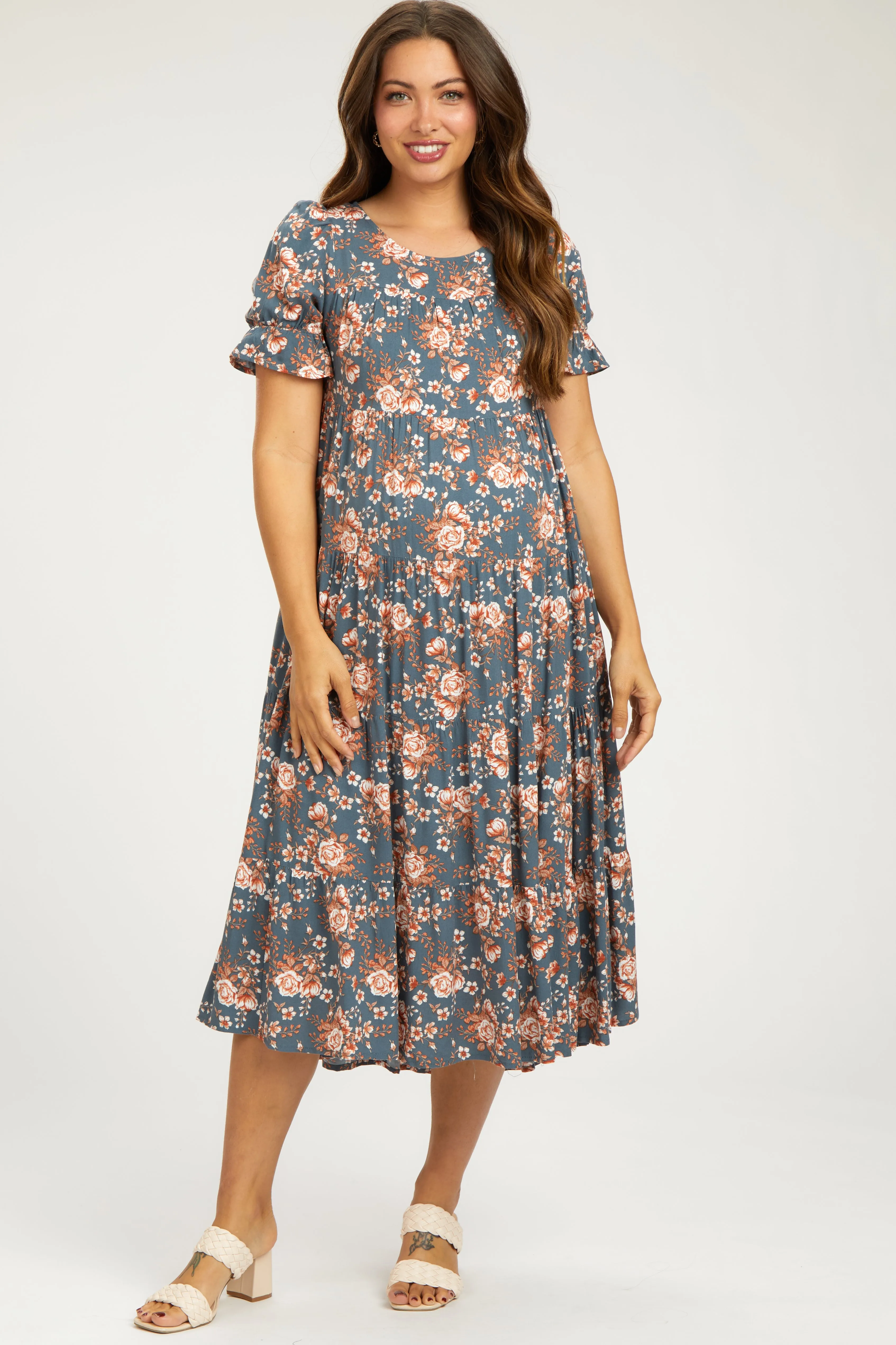 Blue Floral Ruffle Short Sleeve Tiered Maternity Midi Dress sold by Pinkblush
