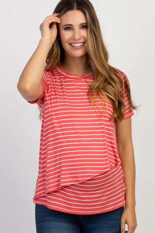 PinkBlush Coral Striped Layered Wrap Front Maternity Nursing Top sold by Pinkblush